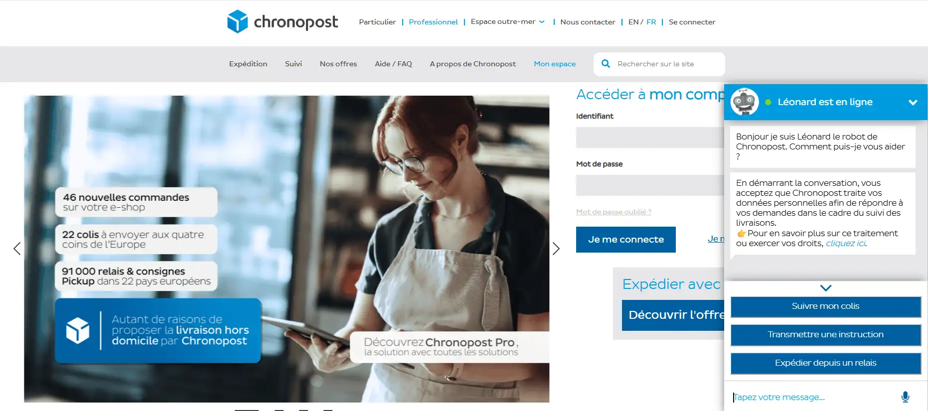 Page accueil Chronopost avec Assistant virtuel Leonard