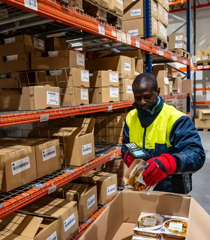 Agent logistique en chambre froide qui scanne des articles alimentaires
